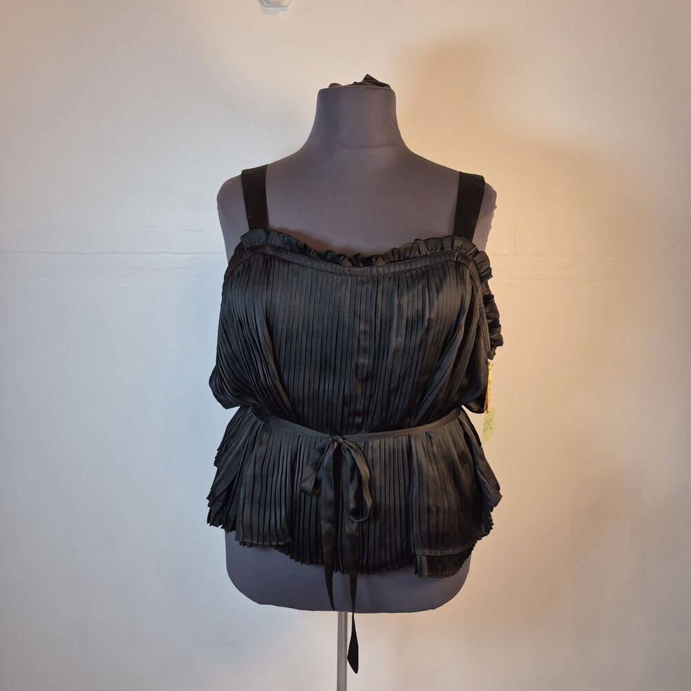 Ryegrass Women's Accordion Pleat Blouse Size 2X Black Front Tie Shoulder Straps